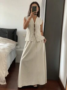 女士休闲通勤纯色系带吊带背心和半身裙两件套家居服套装 - 杏色 - 查看 3