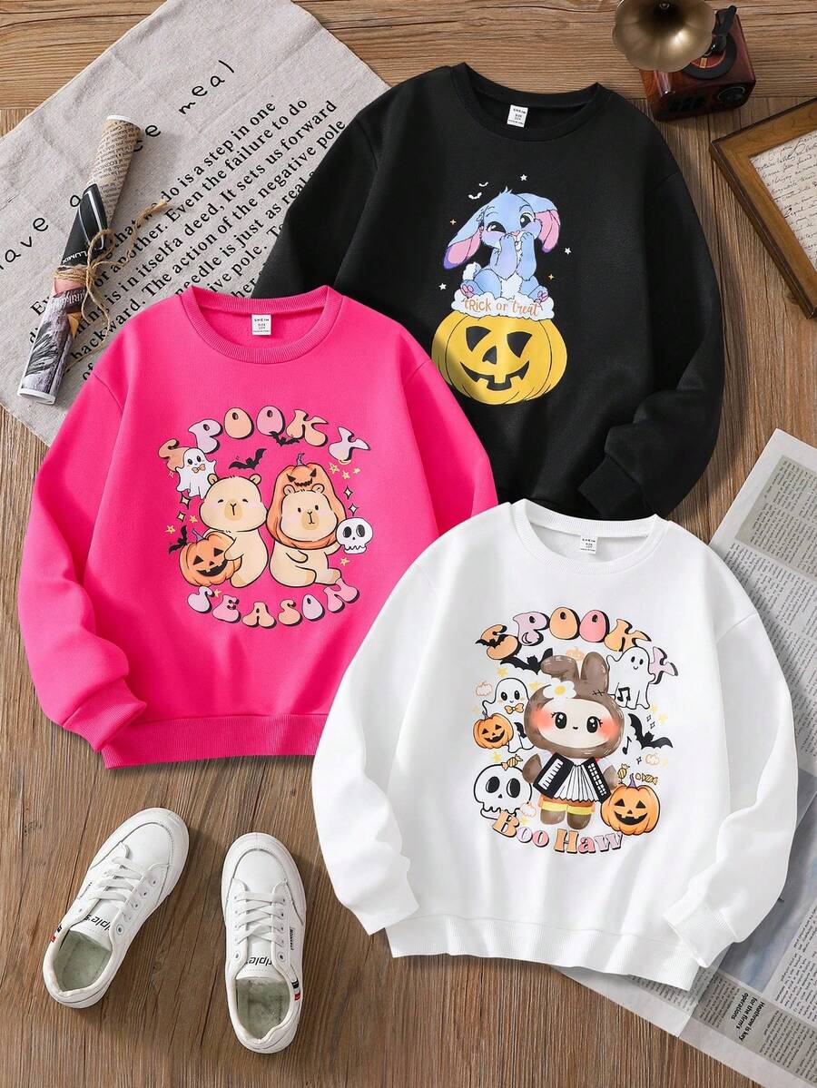 3pcs Tween Girls Casual Cartoon Graphic Pullover Sweatshirt Set, Versatile For Party, Halloween Pumpkin, Autumn/Winter - Multicolor - View 1