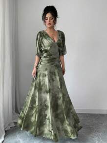Elenzga Women's Tie-Dye Print V-Neck Ruched Batwing Sleeve Elegant Dress - Army Green - View 3