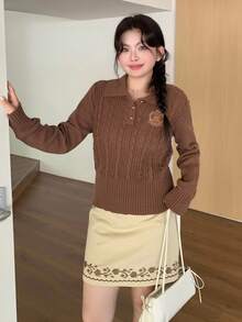 Dazy Plus Embroidered Pattern Half-Zip Collar Collegiate Style Cropped Long Sleeve Plus Size Women Casual Sweater, Autumn School - Khaki - View 4