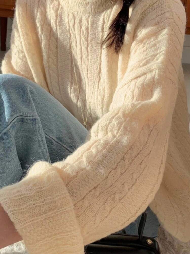 Mohair Loose Soft Cozy Round Neck Cable Knit Sweater, Fall