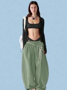 COUREZ Low Rise Baggy Balloon Trousers /Y2K Going Out Outfits Fall Women Clothes Fall Clothes Cute Winter Clothes For Women Back To School Wide Leg Trousers Women - Green - View 4