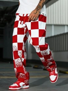 Manfinity EMRG Casual Straight-Leg Men's Pants With Contrasting Plaid Pattern, Red Checkered Pants, Men Graphic Pants, Streetwear Pants, Red And White Checkered Pants, 2000s Style, Fall - Red - View 3