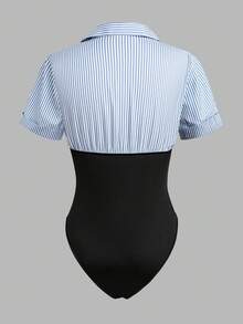 Franclia Combinaison décontractée à manches courtes avec col châle rayé pour femmes grandes tailles - Multicolore - Voir 2