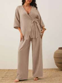 EURMUSE 女式纯色休闲不对称短袖上衣和休闲阔腿裤 - 杏色 - 查看 3