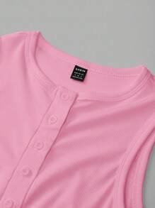 SHEIN BASICS 女士休闲纯色针织圆领无袖修身开襟上衣 - 粉色 - 查看 3