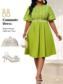 Fleurora 春夏优雅通勤办公休闲外出休闲波西米亚风绿色编织刺绣圆领舞会礼服主教袖中长短袖大码连衣裙优雅套装办公连衣裙