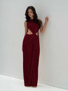 Aloruh 女式纯色褶皱圆领镂空无袖连衣裙 - 酒紅色 - 查看 7