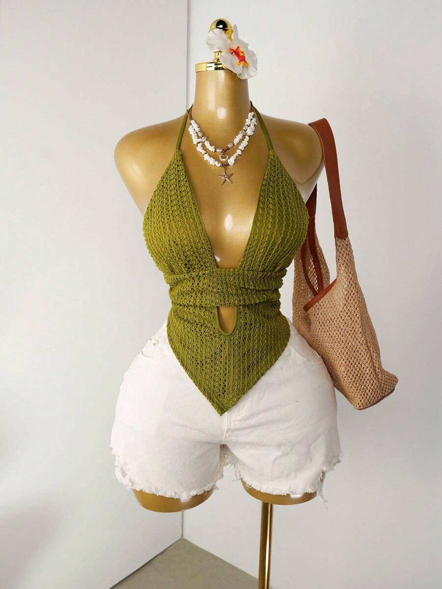 Mistrie Áo hở vai cổ chữ V khoét sâu màu trơn gợi cảm mùa hè có dây đeo, áo ngực màu xanh lá cây, ren, hở hang, thắt nút, - màu xanh lá - Xem 1