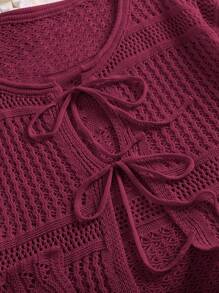 CosyJoli Plus Size Comfortable Casual Vacation Crochet Front Tie Loose Fit Women Apricot Cropped Long Sleeve Cardigan,Fall Clothes For Women Autumn,Slightly Sheer