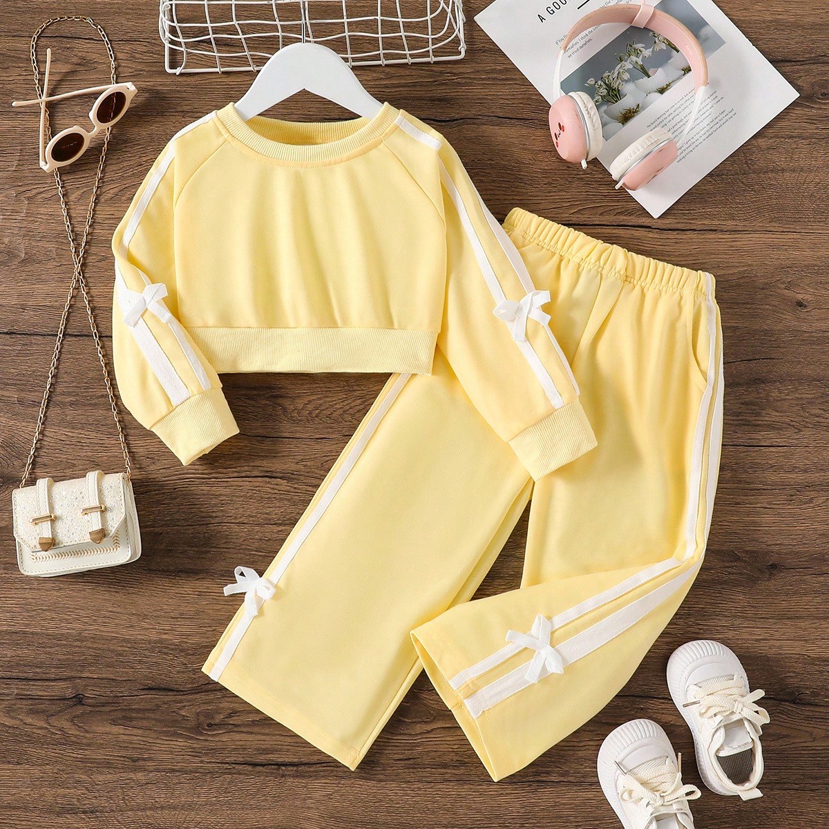 Piezas Conjunto de sudadera de manga larga y pantalones para niñas de primavera/otoño, de tela de punto con decoración de lazo