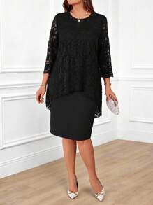 Miaspire Plus Size Women's Round Neck Long Sleeve Lace Stitching Curved Hem Double Layer Elegant Party Red New Years Dress,Winter Clothes For Women,Valentine Day