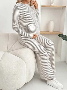 SHEIN 孕妇条纹圆领长袖休闲阔腿连体裤 - 杏色 - 查看 5