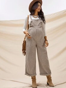 Boho Mama 孕妇格子口袋设计阔腿宽松休闲连体裤秋冬装阔腿连体裤波西米亚格子孕妇装女装连体裤女式孕妇连体裤孕妇阔腿连体裤孕妇装 - 卡其色 - 查看 7