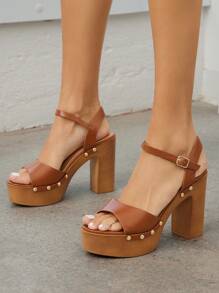 SHUZIA Chunky Platform Open Toe Block Heels Summer Shoes Spring Shoes Spring Break Easter Wedding Shoes For Christmas - Brown - View 2