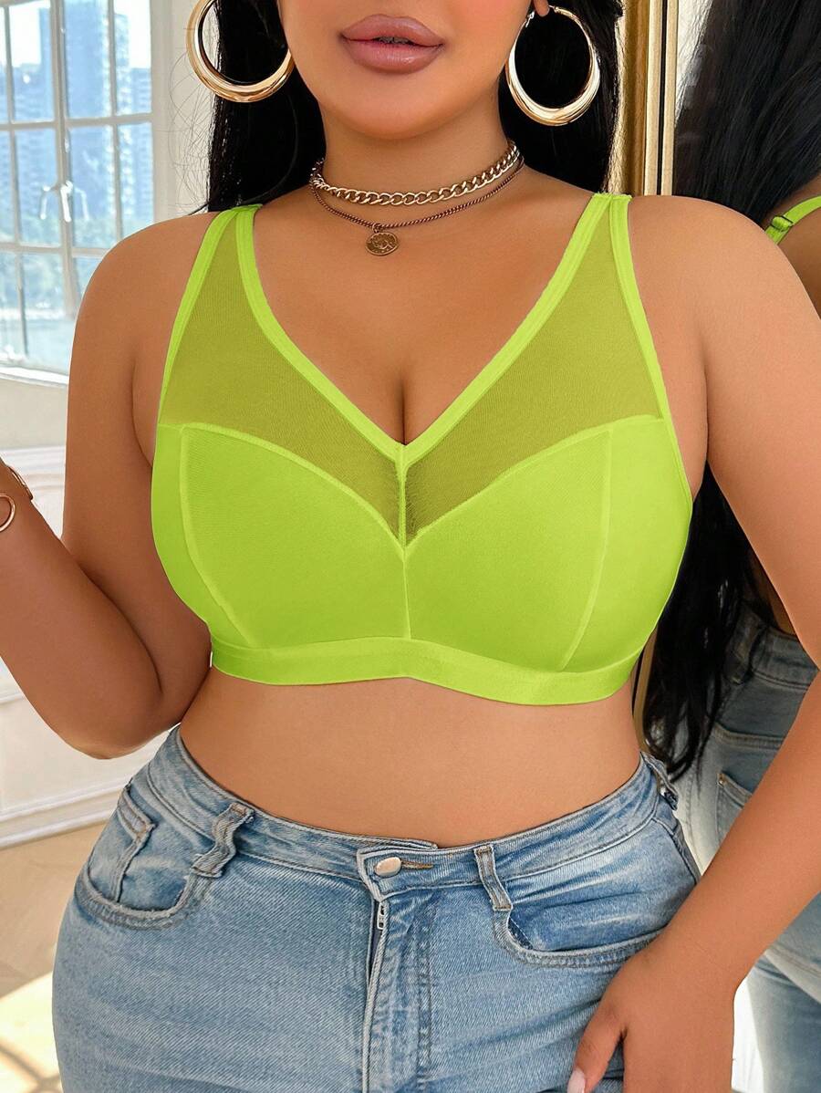 Plus Size Green Mesh Bra With Sheer Detailing And Casual-Comfy Fit