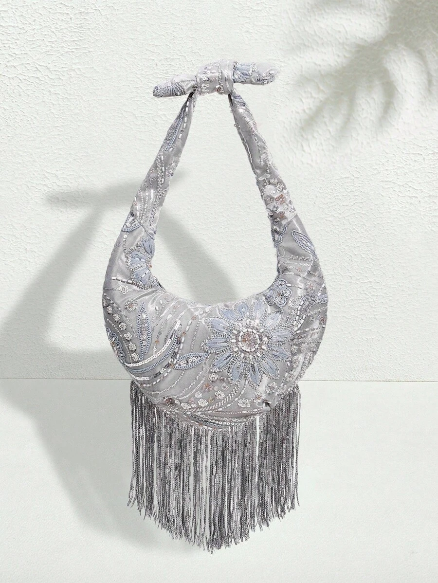SHECARRY Floral Sequin Decor Casual Shoulder Bag, Fashion Handbag For Women - Grey - View 1
