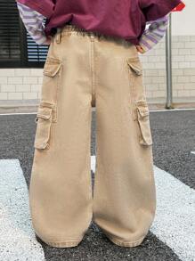SHEIN Young Boys Fall/Winter Vintage Urban Street Cool Style Vintage Distressed Casual Basic Everyday Style Khaki Denim Multiple Pockets Split Design Loose Fit Cargo Pants,For Kids Fall/Winter Clothes,Boys Back-To-School Clothes,Boys Streetwear Outfits,Boys Homecoming Outfits