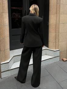 Aloruh Women's Basic Lapel NeckLong Sleeve Jacket And Pants Suit, Commuting & Daily Wear In Fall/Winter - Black - View 2