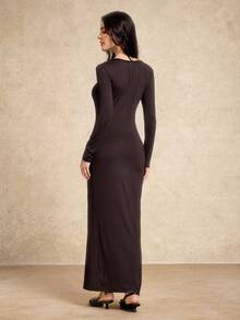 House of One Jacquard Knit V-Neck Bodycon Long Sleeve Midi Dress With Metal Ring Women Casual Elegant Autumn Long Sleeve Bodycon Dress Brown Bodycon Dress Dark Brown Dress Brown Long Sleeve Dress