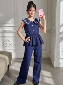 Girls' Navy Blue Sleeveless Casual Suit, Countryside Cute Style - Navy Blue - View 1