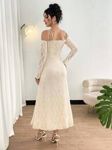 Modelyn Damen elegantes einfarbiges Spitzen Off-Shoulder Kleid - Aprikosenfarben - Übersicht 3