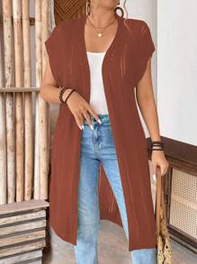 EMERY ROSE Halloween Plus Size Women Sleeveless Hollow Out Long Cardigan, Lightweight, Suitable For Vacation, Commute, St. Patrick's Day, Spring/Summer - Redwood - View 4