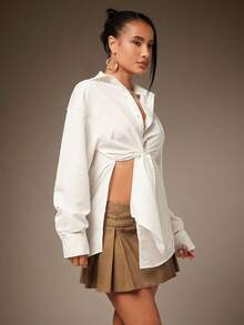 Hauture Camisa blanca larga y holgada con abertura lateral, básica y casual, fácil de usar y sexy - Albaricoque - Ver 5