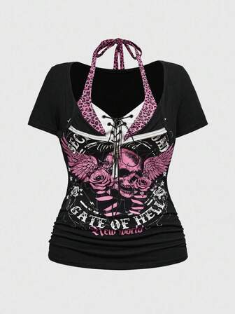 J-Fashion Camiseta ajustada de mujer con estampado de calavera punk y estampado de leopardo 2 en 1 con colgante de cruz, adecuada para conciertos y festivales, talla grande