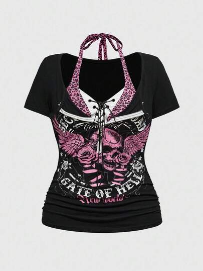 J-Fashion Maglietta aderente da donna taglia grande con pendente a croce, stampa punk a teschio e stampa leopardata 2 in 1, adatta per concerti e festival