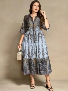 SHEIN Clasi 大码随机印花连衣裙 Maxi 女装 - 淺藍色 - 查看 4