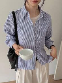 DAZY 女士休闲条纹宽松衬衫，条纹衬衫长袖上衣 - 藍色 - 查看 3