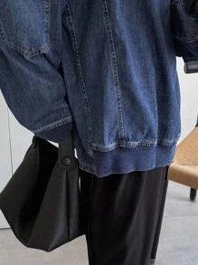 FRIFUL 女式休闲水洗落肩宽松牛仔衬衫 - 藍色 - 查看 4