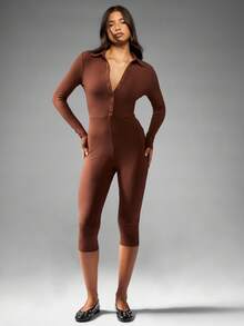 MISSGUIDED Button Down Long Sleeve Capri Jumpsuit Ribbed Knit Collared Bodysuit Office Wear Evening Fall Winter Occasion Wear - Coffee Brown - View 6