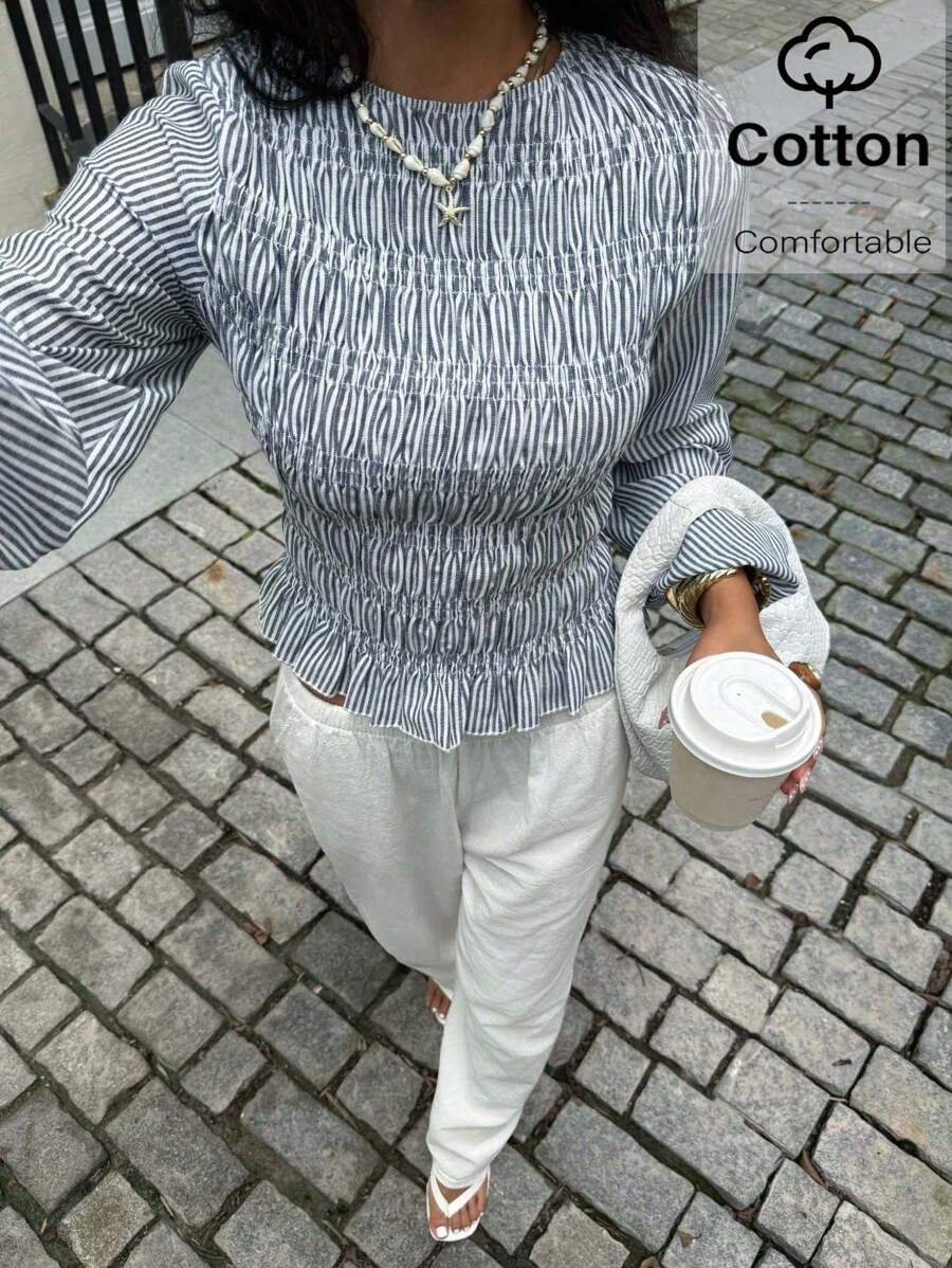 Siren Gaze 商务休闲女教师款返校季秋季女装竖条纹荷叶边长袖时尚圆领衬衫，女士秋季上衣，冬季黑色休闲春季款 - 黑色 - 查看 1