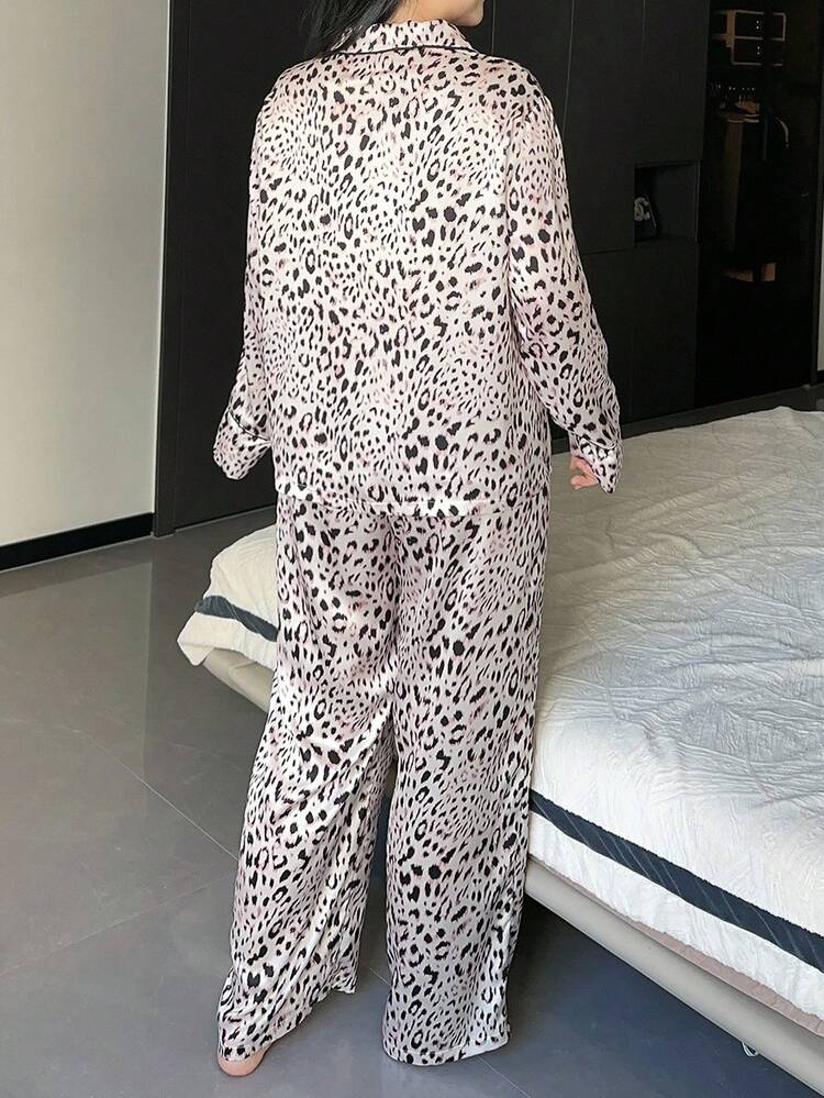 Dazy Plus Plus Size 2pcs Leopard Print Loose Long Sleeve Top And Pants Pajama Set, Autumn Sleepwear, Outfits, Fall Clothes