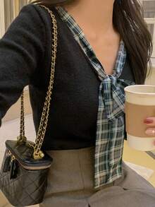 DAZY French Retro Elegant Bow V-Neck Short Knit Sweater Fall Plaid - Black - View 7