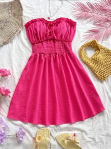 Soleia Solid Frill Trim Tie Front Tube Dress - Hot Pink - View 6