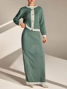 EURMUSE 蜂巢图案开衫和裙子套装（鼠尾草绿和奶油色） - 綠色 - 查看 3