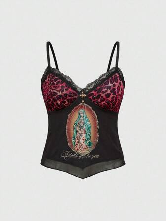 Fairycore Y2K Heilige Maria Patchwork Leoparden Muster Strass Spitzen Trägerhemd