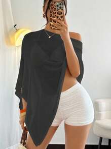 Breezaya 女士休闲纯色针织不对称设计宽松薄款毛衣，春夏秋冬蝙蝠袖不对称上衣