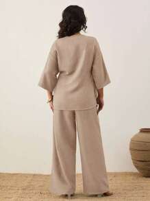 EURMUSE 女式纯色休闲不对称短袖上衣和休闲阔腿裤 - 杏色 - 查看 2