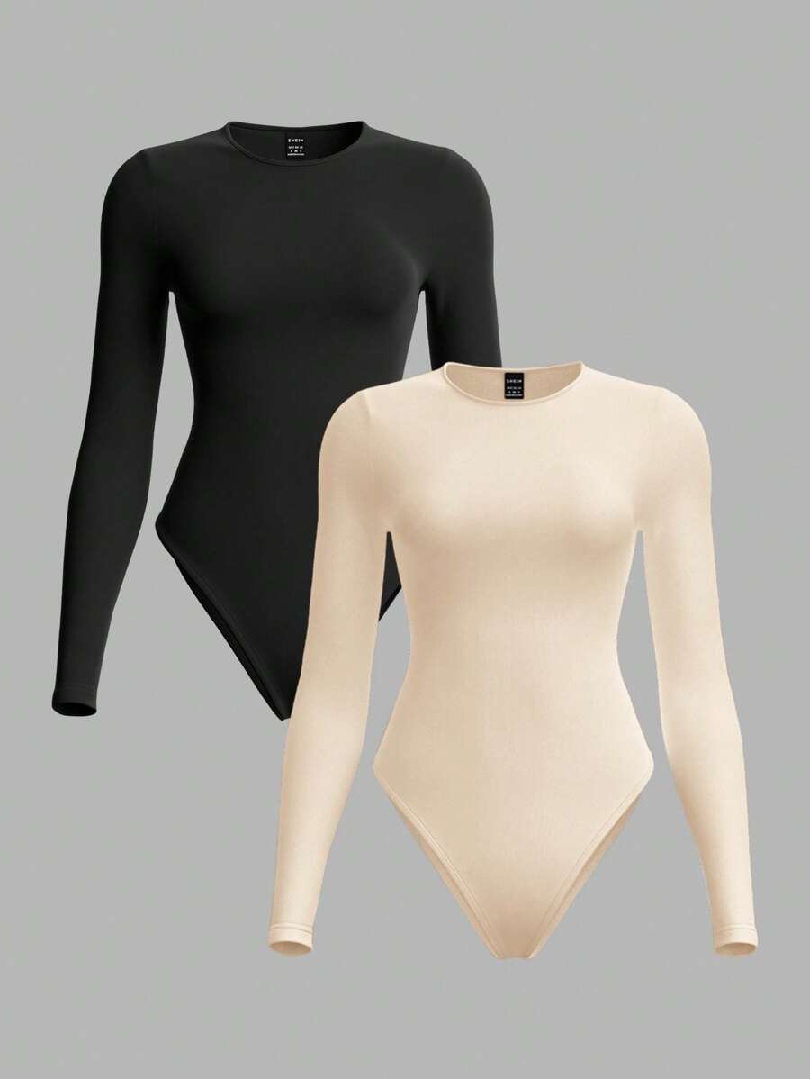 SHEIN BASICS Bộ 2 bộ đồ liền thân dệt kim cổ tròn tay dài màu trơn đơn giản dành cho nữ - Nhiều màu - Xem 1