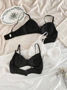 3 件套少女法式光滑面料，网眼衬里，柔软舒适轻盈棉质罩杯文胸，黑白相间，简约时尚基础款