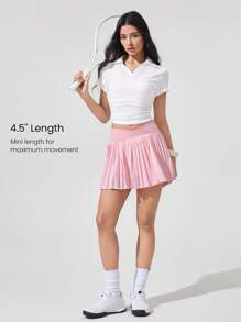 GLOWMODE Let's Play Sweat-Wicking Stretchy Mid-Rise Crossover Waist Pleated Tennis Skirt With Built-In Shorts Side Pockets Tennis Golf Daily - Bubblegum Pink - View 7