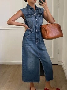 Livesso Women's Casual Denim Sleeveless Collared Dress - Blue - View 3