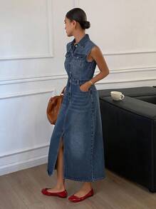 Livesso Women's Casual Denim Sleeveless Collared Dress - Blue - View 4