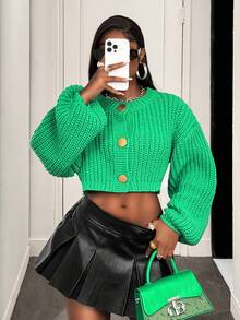 BamGleam Damen Rundhals Einreiher Drop-Shoulder Langarm Lässige Lose Strickjacke - Grün - Übersicht 1
