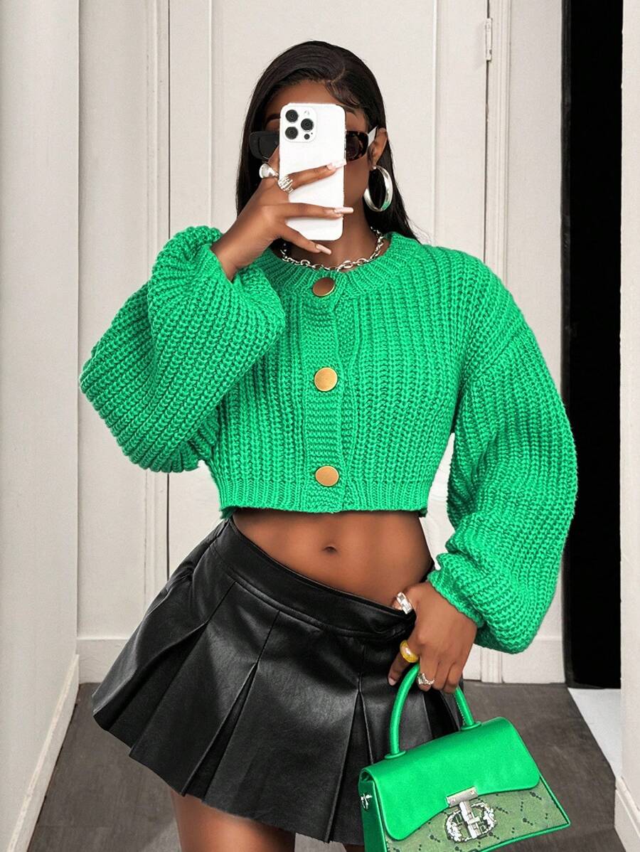 BamGleam Damen Rundhals Einreiher Drop-Shoulder Langarm Lässige Lose Strickjacke - Grün - Übersicht 1