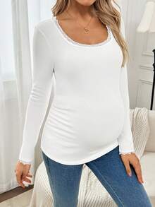 SHEIN Maternity Solid Color Fleece Contrast Lace Round Neck Long Sleeve Fitted T-Shirt - White - View 7
